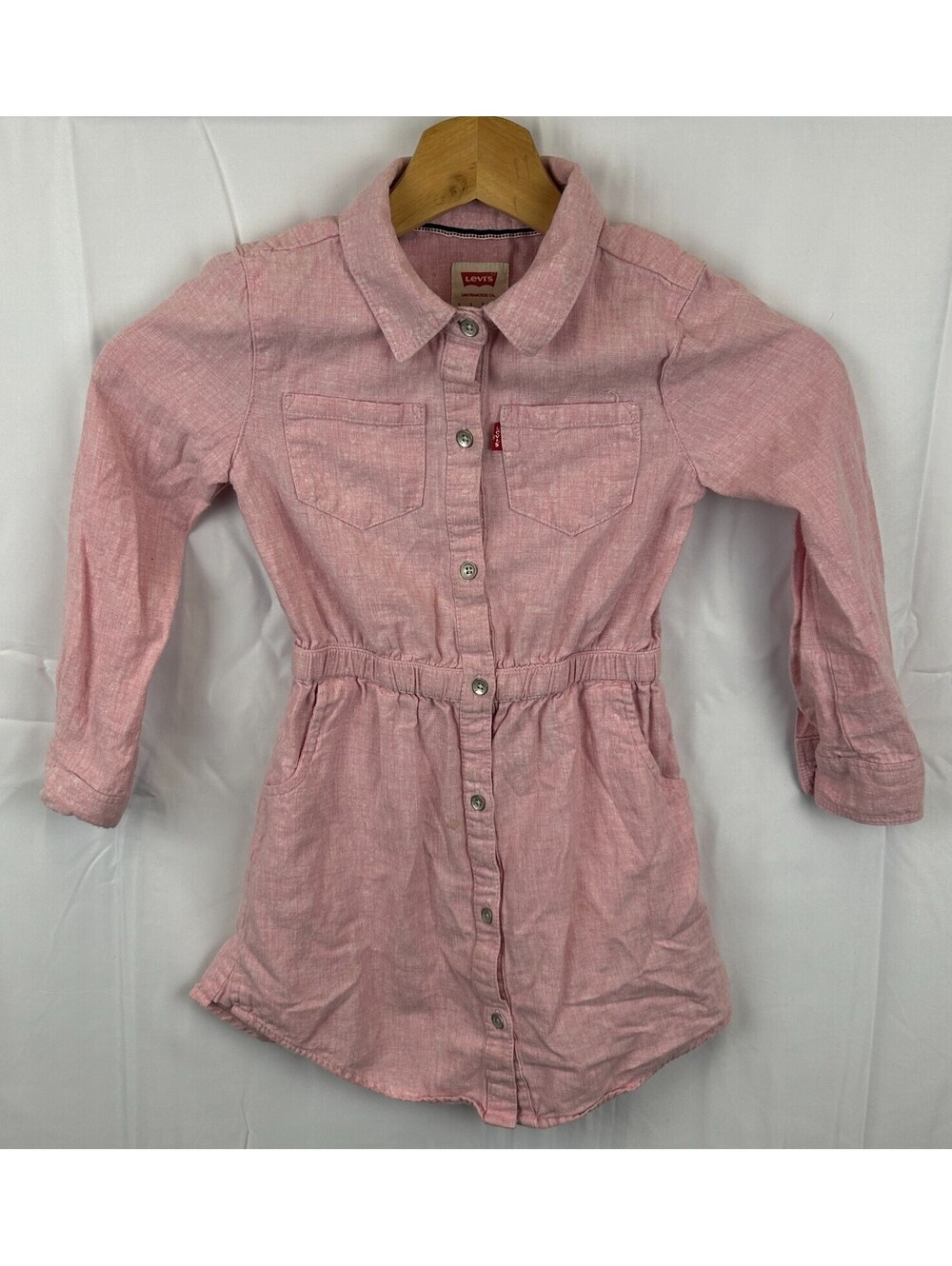 Levis Girls Size 4-5 104-110cm Pink Cotton Button Front Long Sleeve Shirt Dress